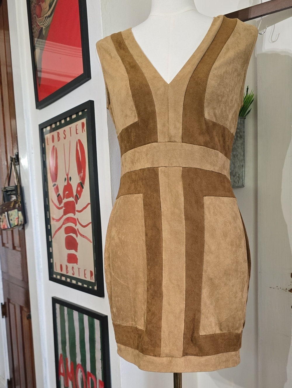 Cals Two-Tone Suede Panel V-Neck Dress in Tan and Brown